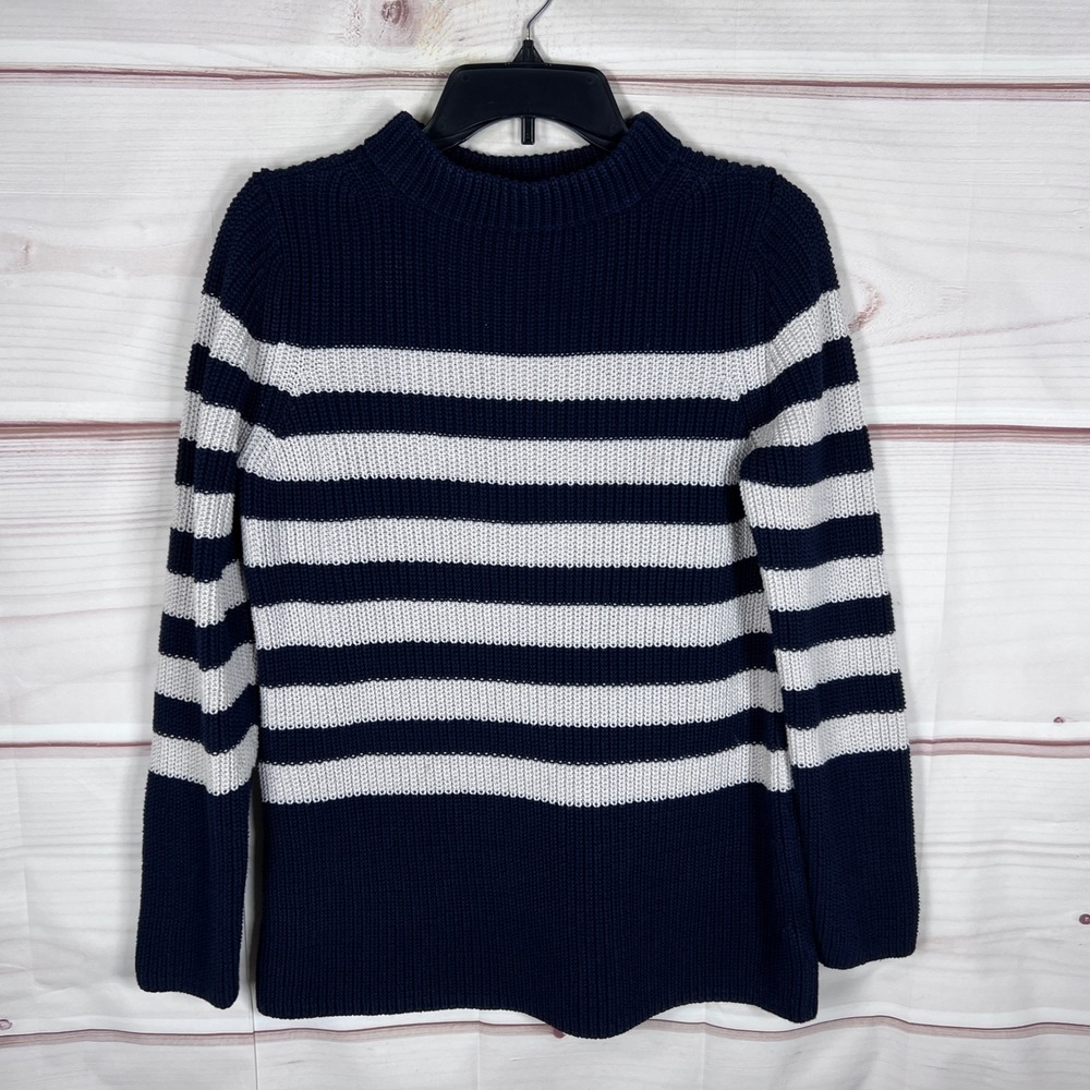 Talbots Sweater Women M Blue Stripe Cotton Knit Mock Neck Ribbed Casual Nautical